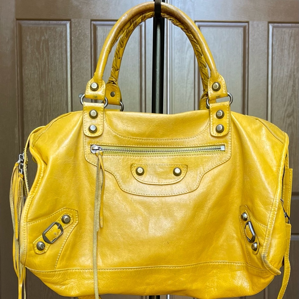 Balenciaga Paris mustard leather satchel